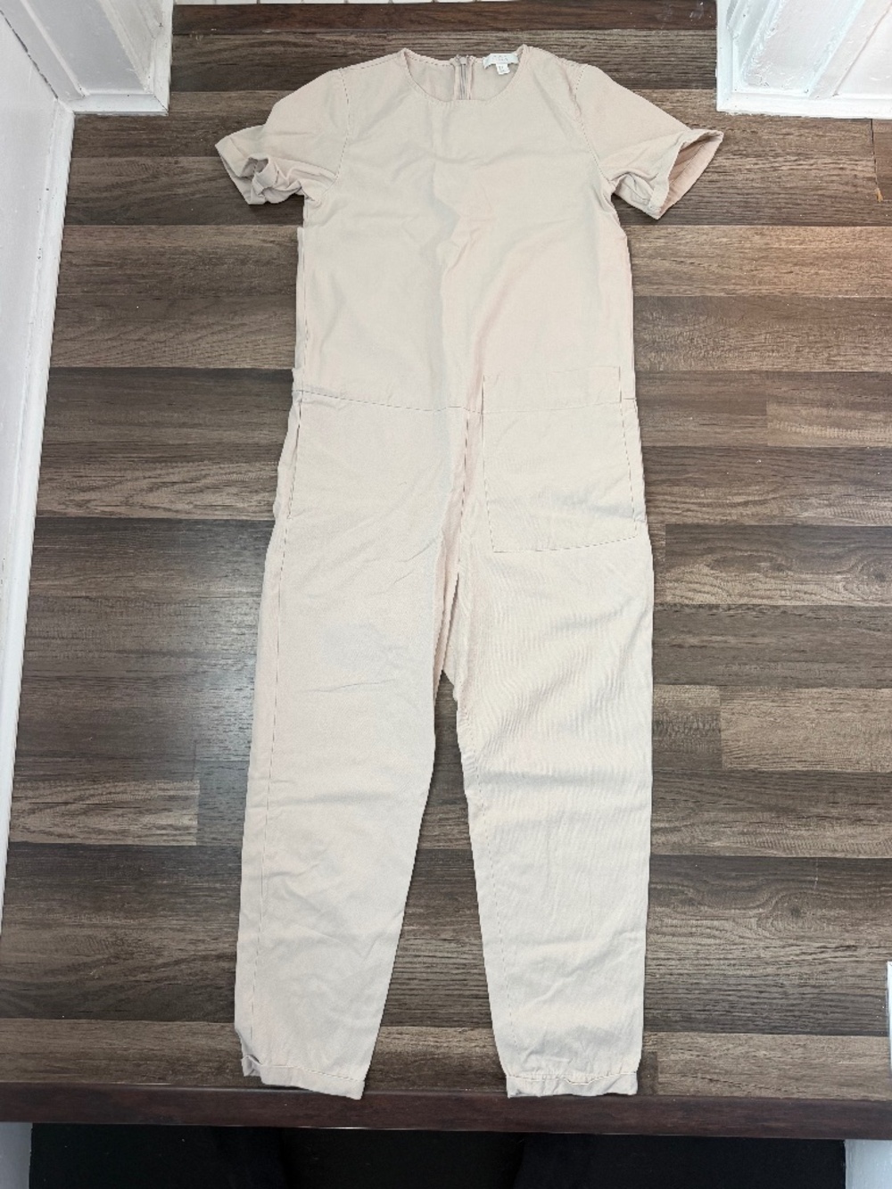COS Short Sleeve Utility Jumpsuit Beige Oatmeal Size 2 Zip Back